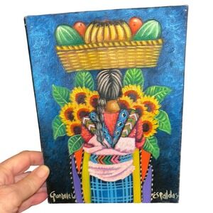 Mayan Gonzalez Espaldas Folk Art Oil Painting Woman with Sunflowers Harvest 8x6